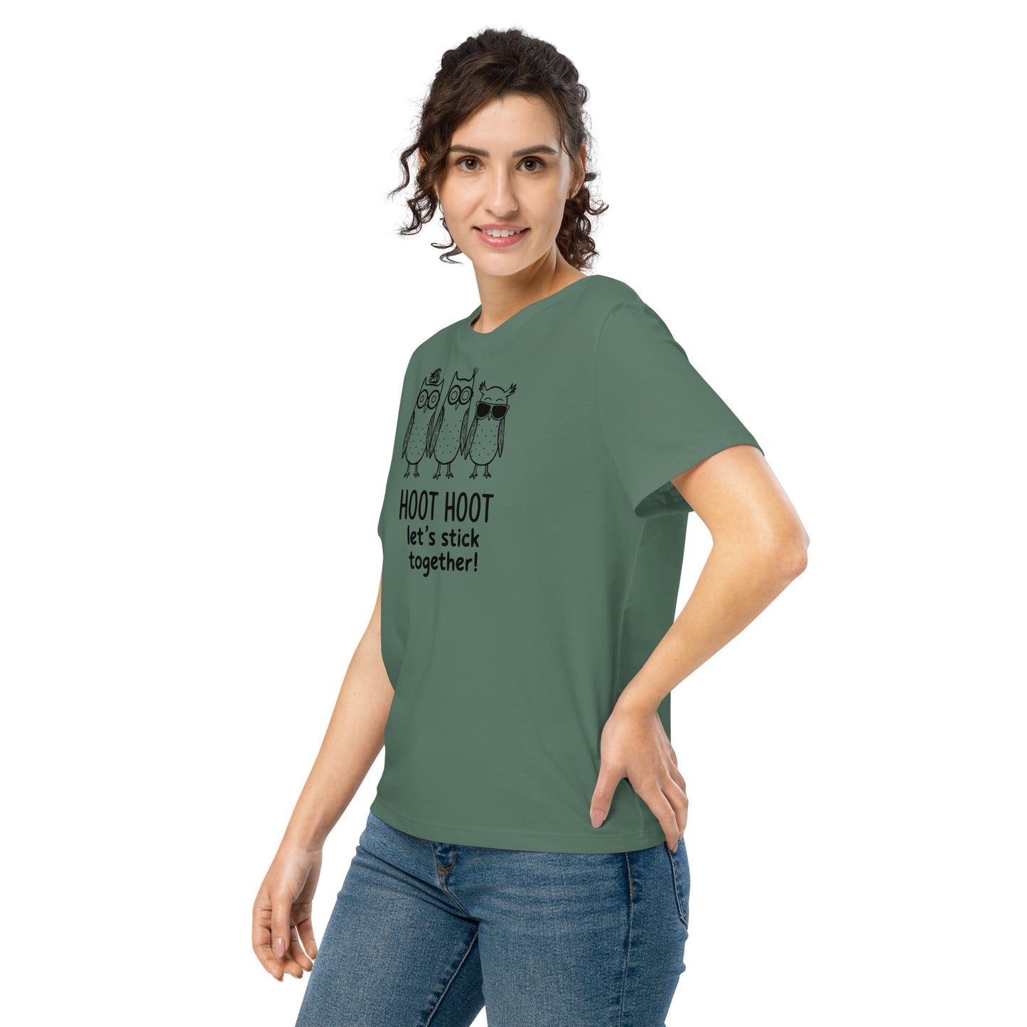 Women’s Organic Ribbed Neck T-Shirt: Hoot Hoot Let’s Stick Together! | Owl-Themed Sustainable Fashion USA by Dudeily Dudeily