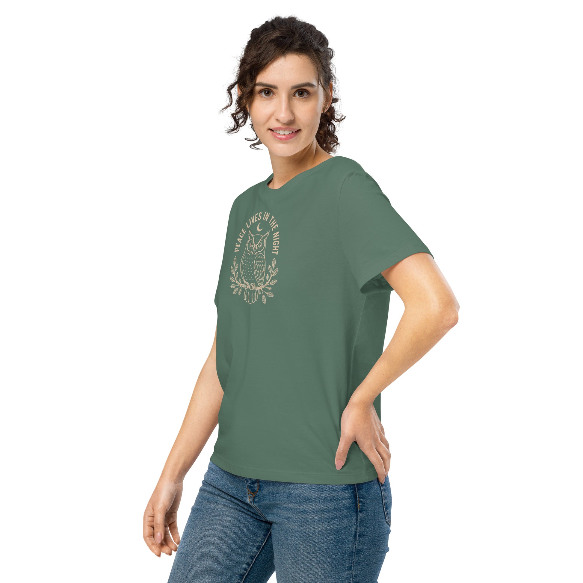 Women’s Organic Ribbed Neck T-Shirt: 'Peace in the Night' in Fall | Sustainable Owl Fashion USA Dudeily