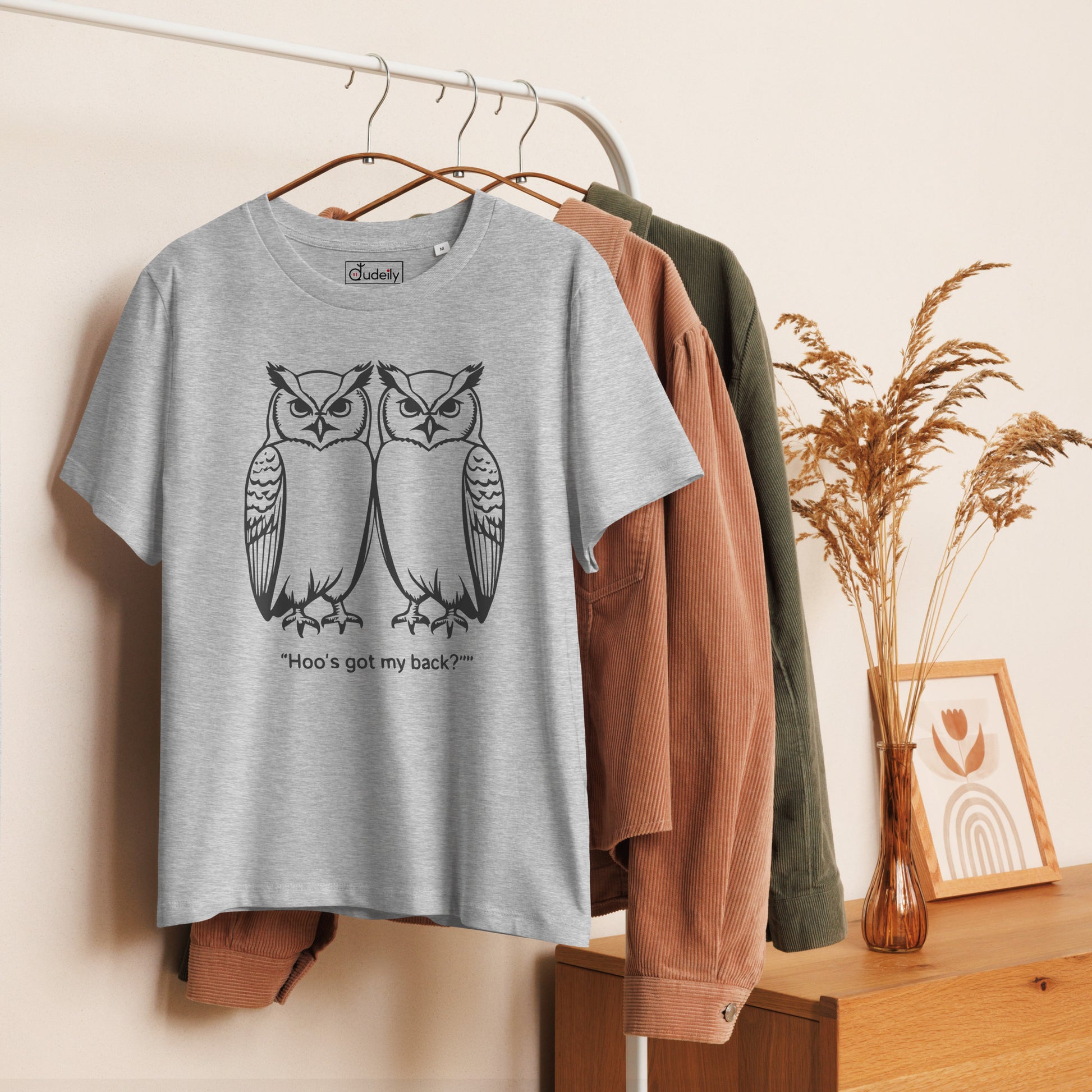 Women’s Organic Ribbed Neck T-Shirt: Hoo’s Got My Back? | Owl-Themed Sustainable Fashion USA by Dudeily Dudeily