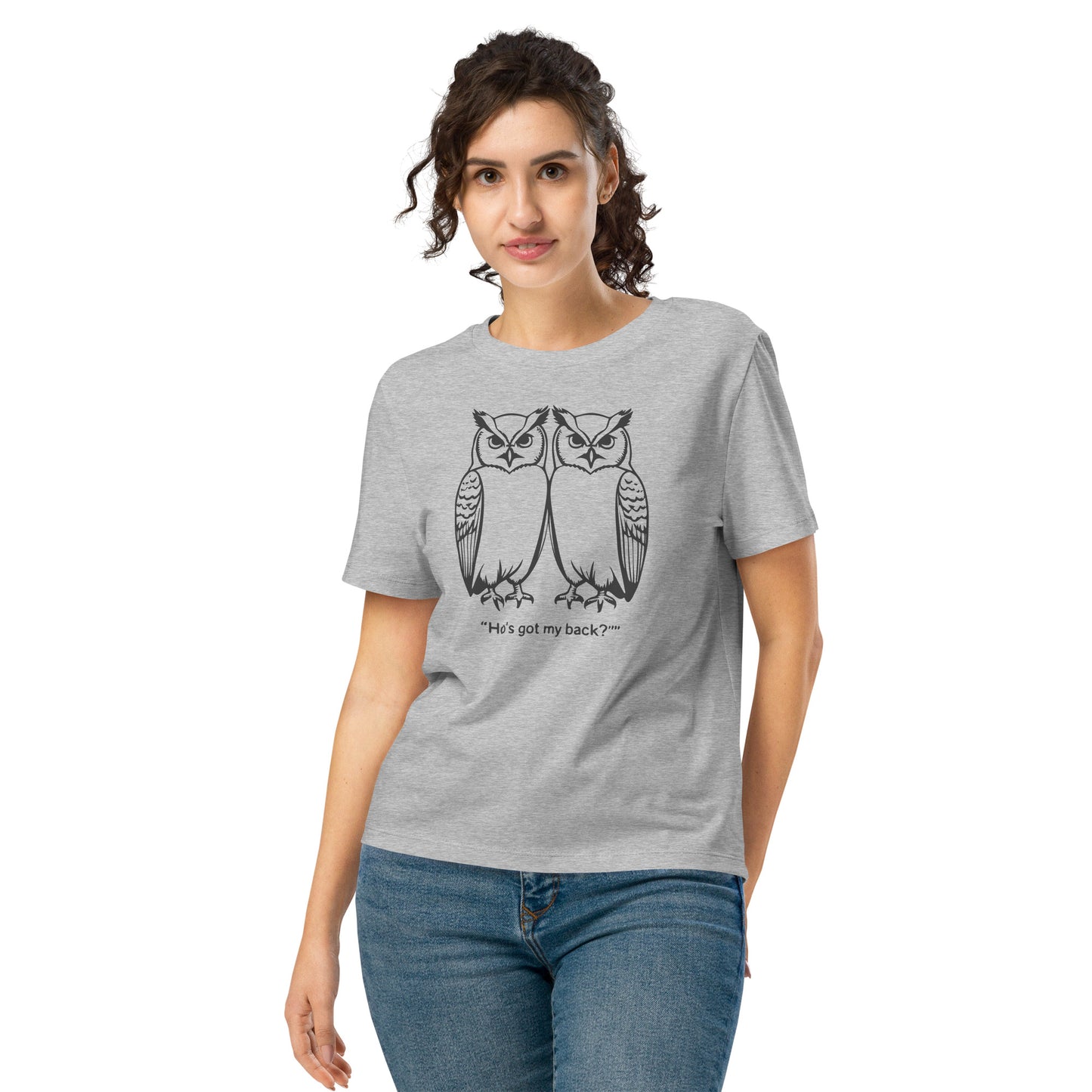 Women’s Organic Ribbed Neck T-Shirt: Hoo’s Got My Back? | Owl-Themed Sustainable Fashion USA by Dudeily Heather Grey Dudeily