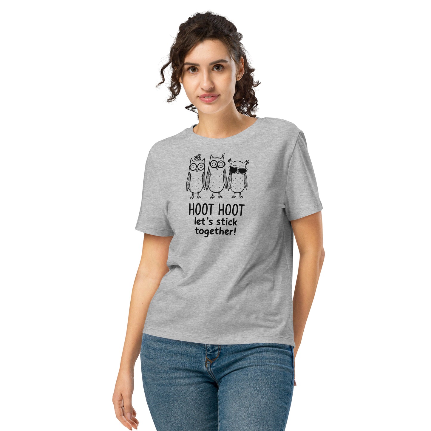 Women’s Organic Ribbed Neck T-Shirt: Hoot Hoot Let’s Stick Together! | Owl-Themed Sustainable Fashion USA by Dudeily Heather Grey Dudeily