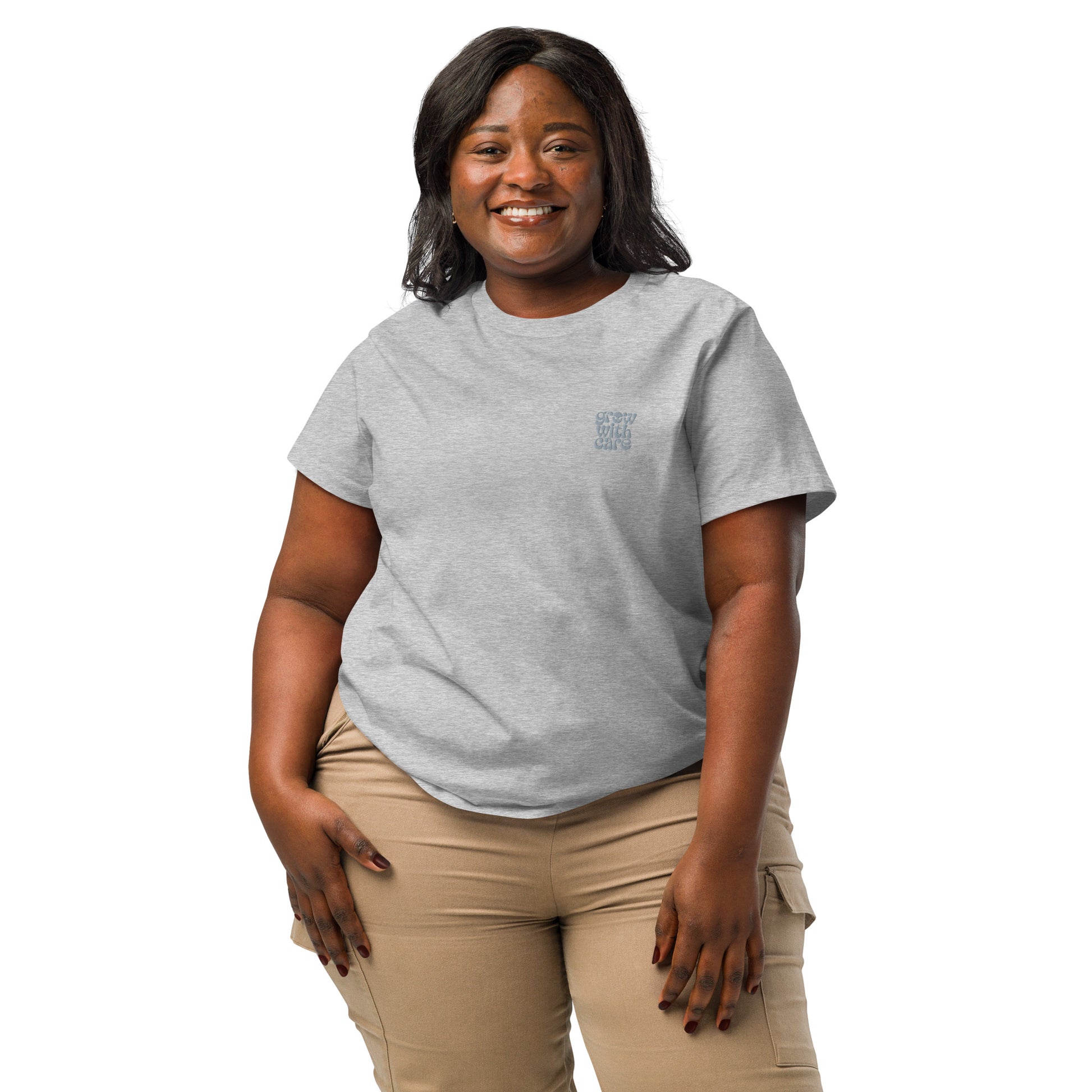 Eco-Friendly Owl Clothing Embroidered Women’s Organic Ribbed Neck T-Shirt "Grow With Care" Dudeily