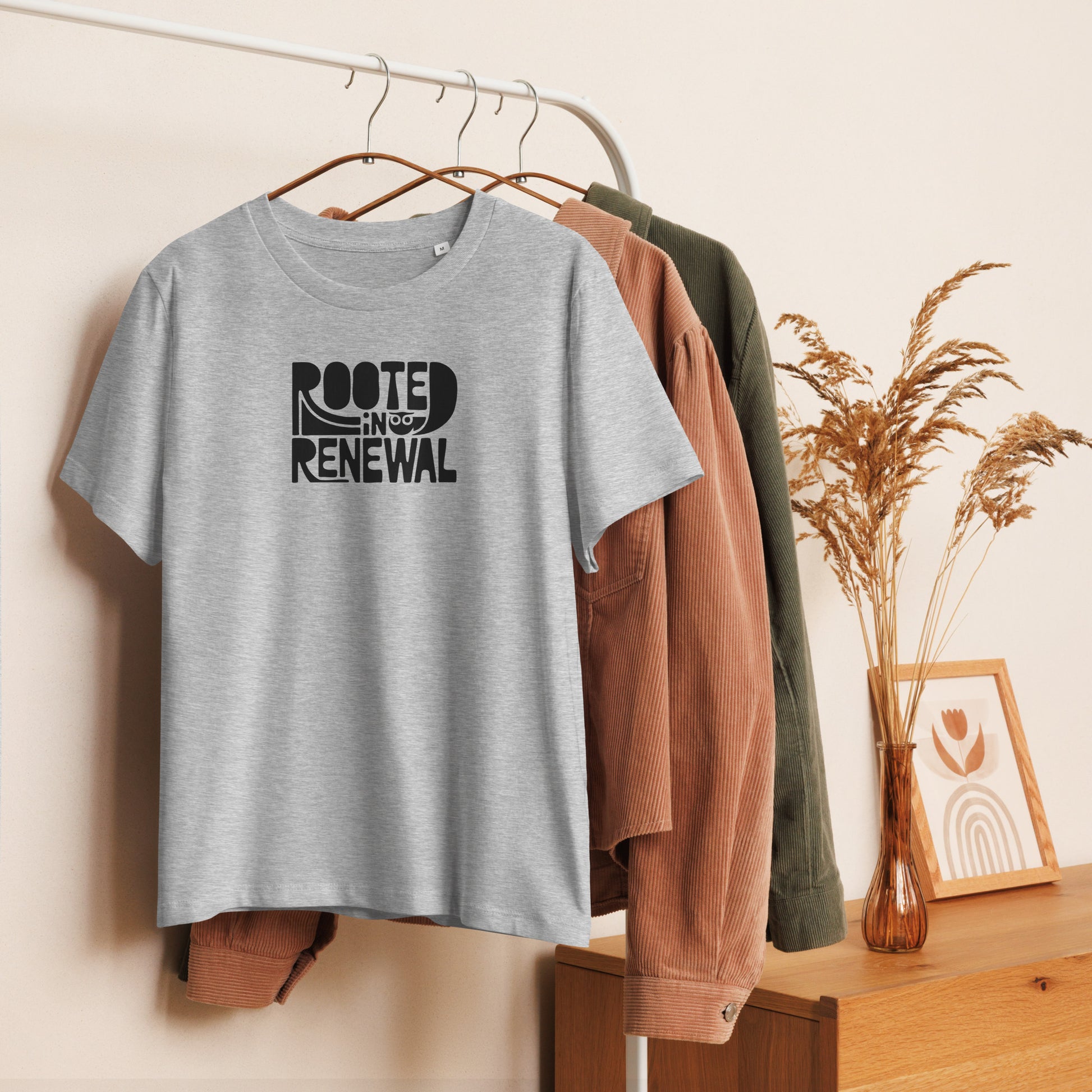 Women’s Organic Ribbed Neck T-Shirt “Rooted In Renewal” – Sustainable Owl Print Tee Dudeily