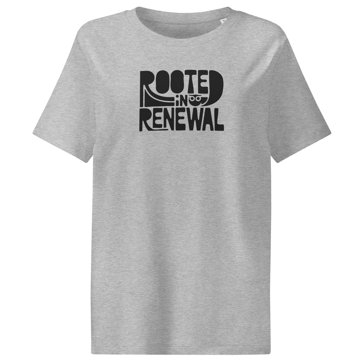 Women’s Organic Ribbed Neck T-Shirt “Rooted In Renewal” – Sustainable Owl Print Tee Heather Grey Dudeily