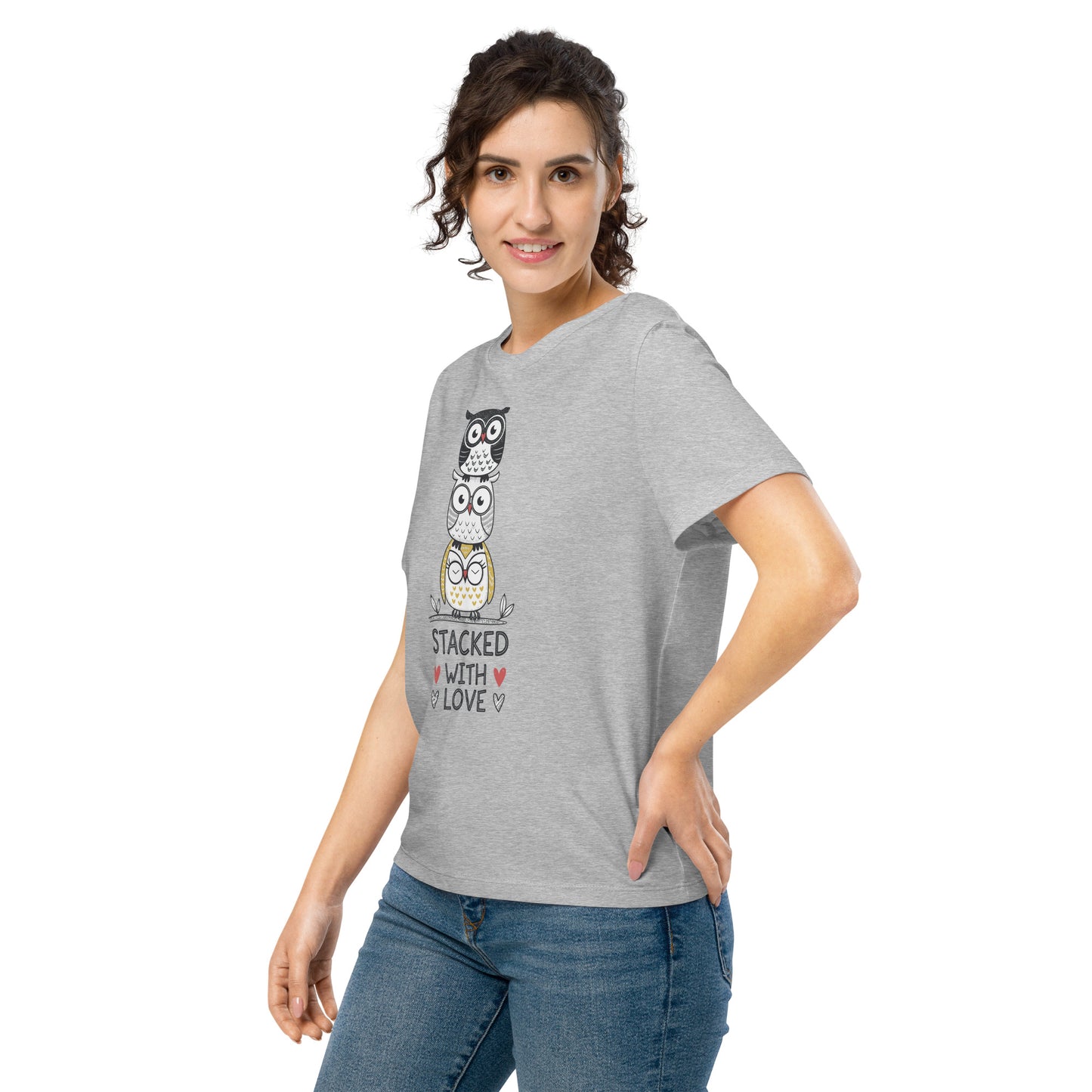 Women’s Organic Ribbed Neck T-Shirt: Stacked with Love | Owl-Themed Sustainable Fashion USA by Dudeily Dudeily