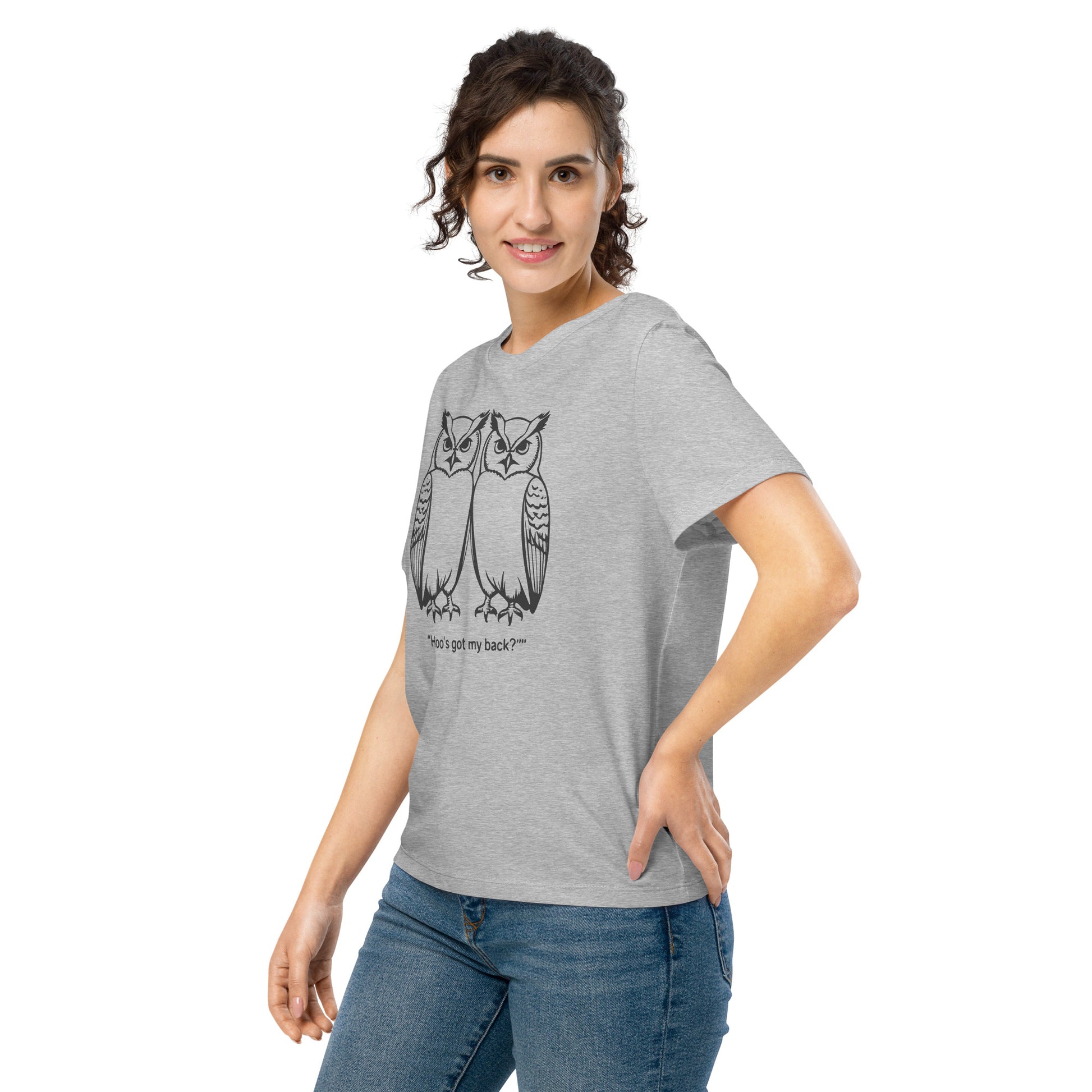 Women’s Organic Ribbed Neck T-Shirt: Hoo’s Got My Back? | Owl-Themed Sustainable Fashion USA by Dudeily Dudeily