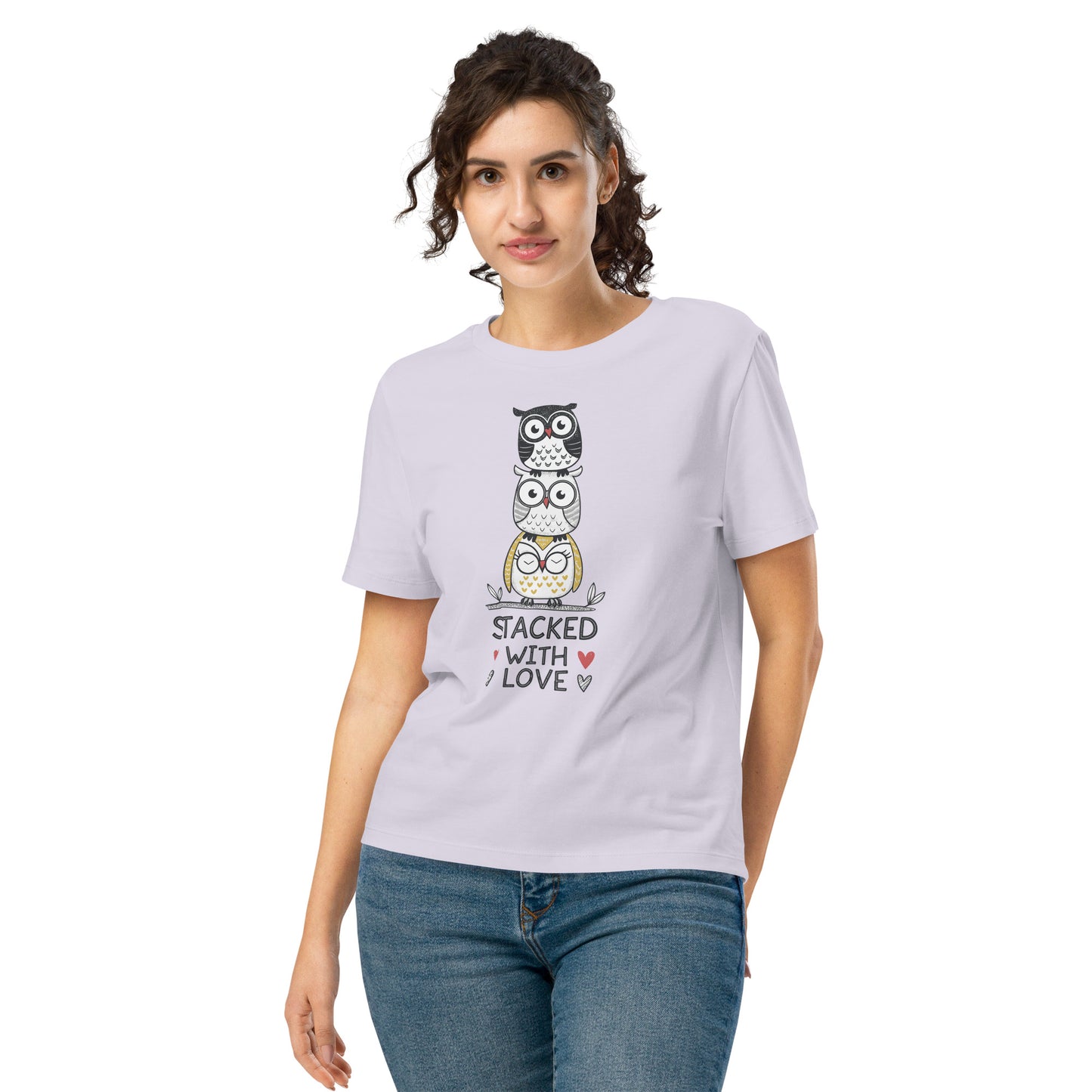 Women’s Organic Ribbed Neck T-Shirt: Stacked with Love | Owl-Themed Sustainable Fashion USA by Dudeily Lavender Dudeily