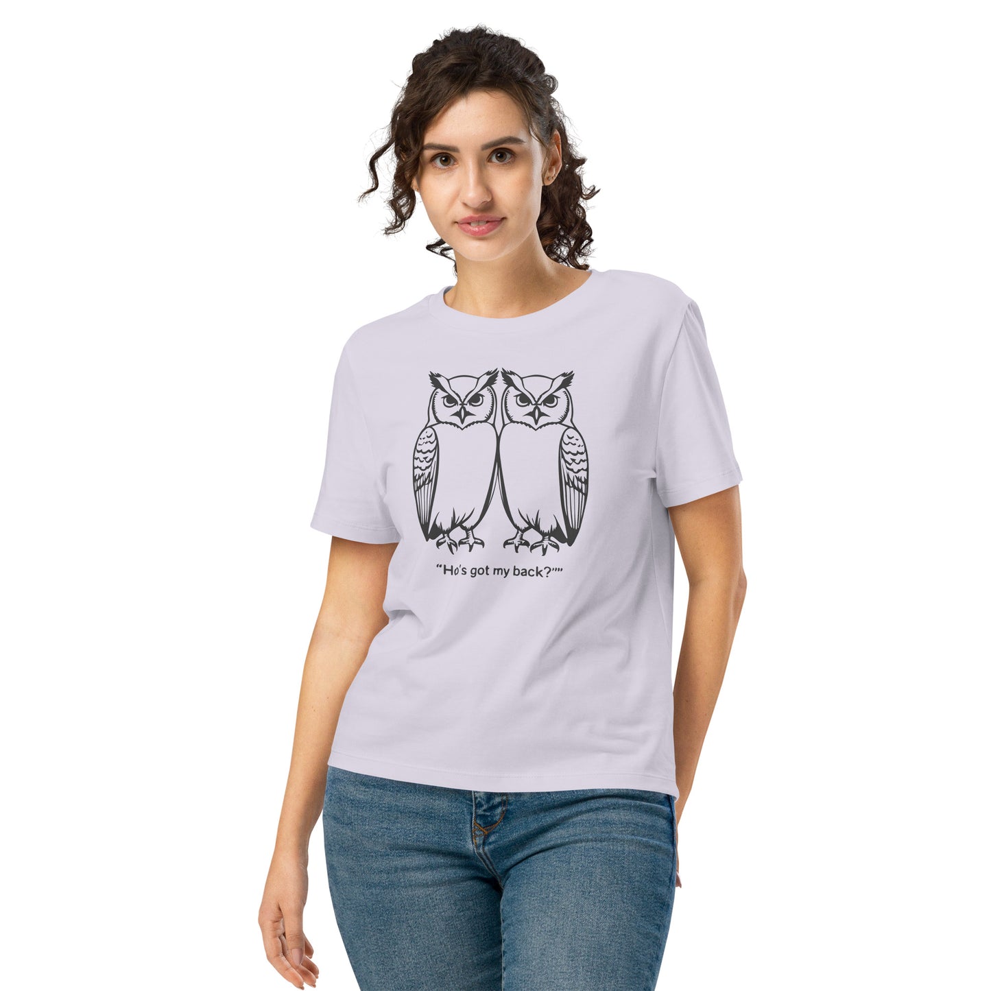 Women’s Organic Ribbed Neck T-Shirt: Hoo’s Got My Back? | Owl-Themed Sustainable Fashion USA by Dudeily Lavender Dudeily