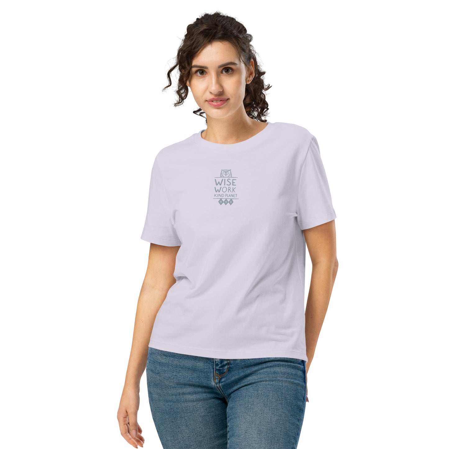 Women’s Organic Ribbed Neck T-Shirt: Wise Work, Kind Planet | Owl Embroidered Sustainable Fashion USA by Dudeily Lavender Dudeily