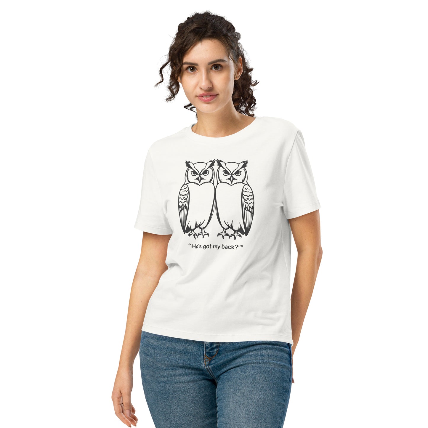 Women’s Organic Ribbed Neck T-Shirt: Hoo’s Got My Back? | Owl-Themed Sustainable Fashion USA by Dudeily Off White Dudeily