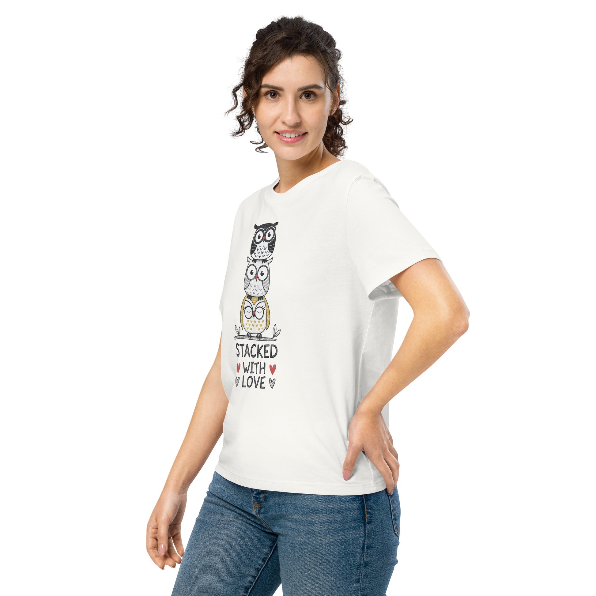 Women’s Organic Ribbed Neck T-Shirt: Stacked with Love | Owl-Themed Sustainable Fashion USA by Dudeily Dudeily