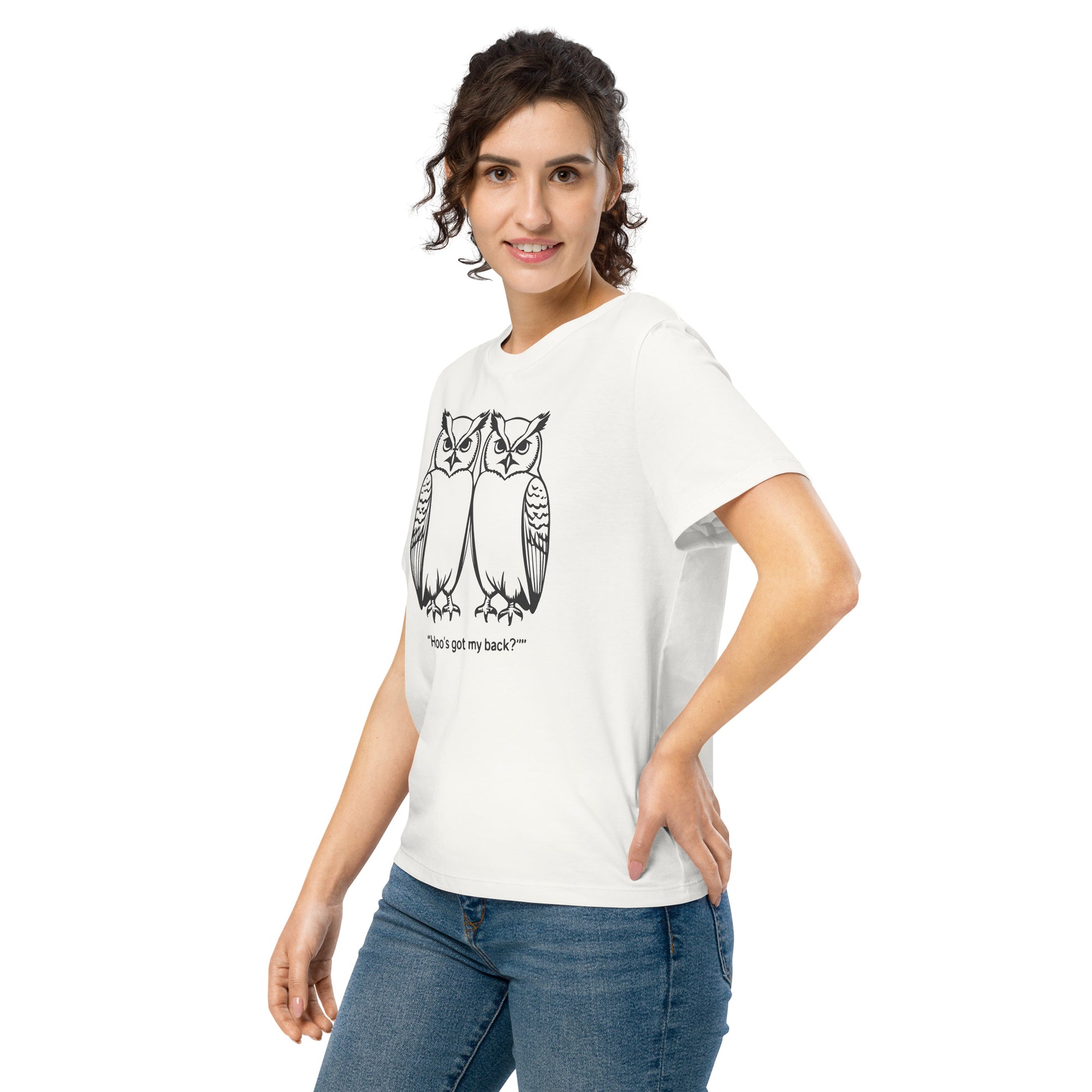 Women’s Organic Ribbed Neck T-Shirt: Hoo’s Got My Back? | Owl-Themed Sustainable Fashion USA by Dudeily Dudeily