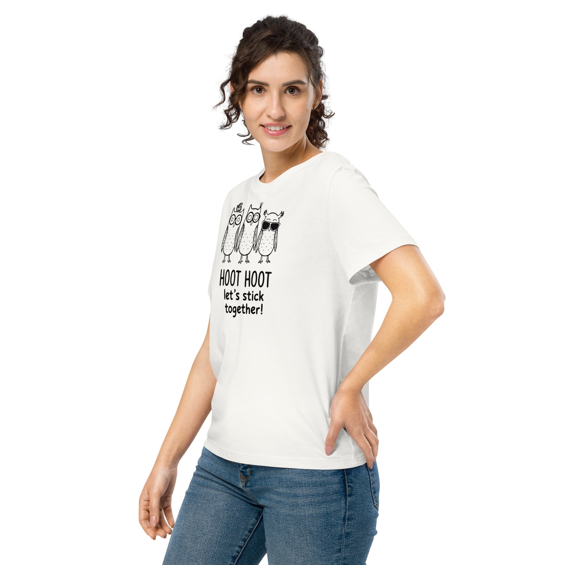 Women’s Organic Ribbed Neck T-Shirt: Hoot Hoot Let’s Stick Together! | Owl-Themed Sustainable Fashion USA by Dudeily Dudeily