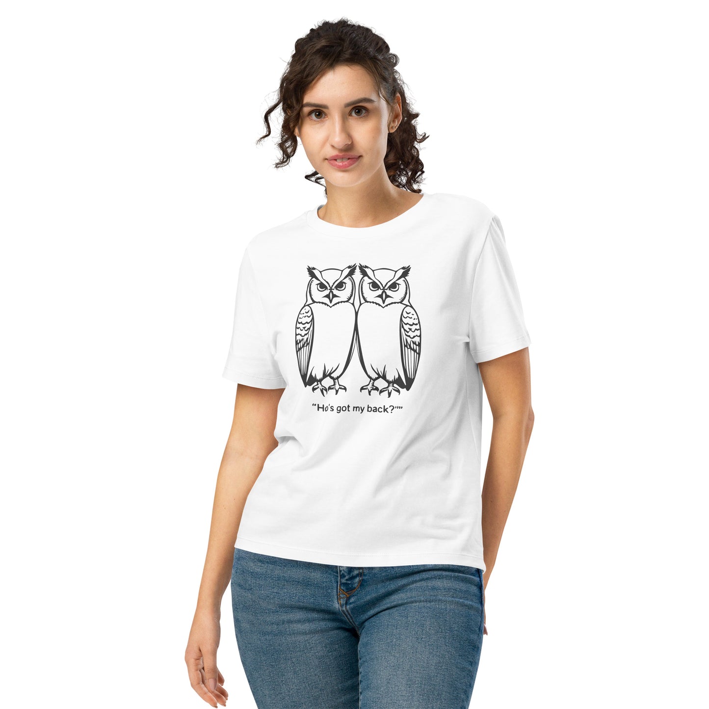 Women’s Organic Ribbed Neck T-Shirt: Hoo’s Got My Back? | Owl-Themed Sustainable Fashion USA by Dudeily White Dudeily