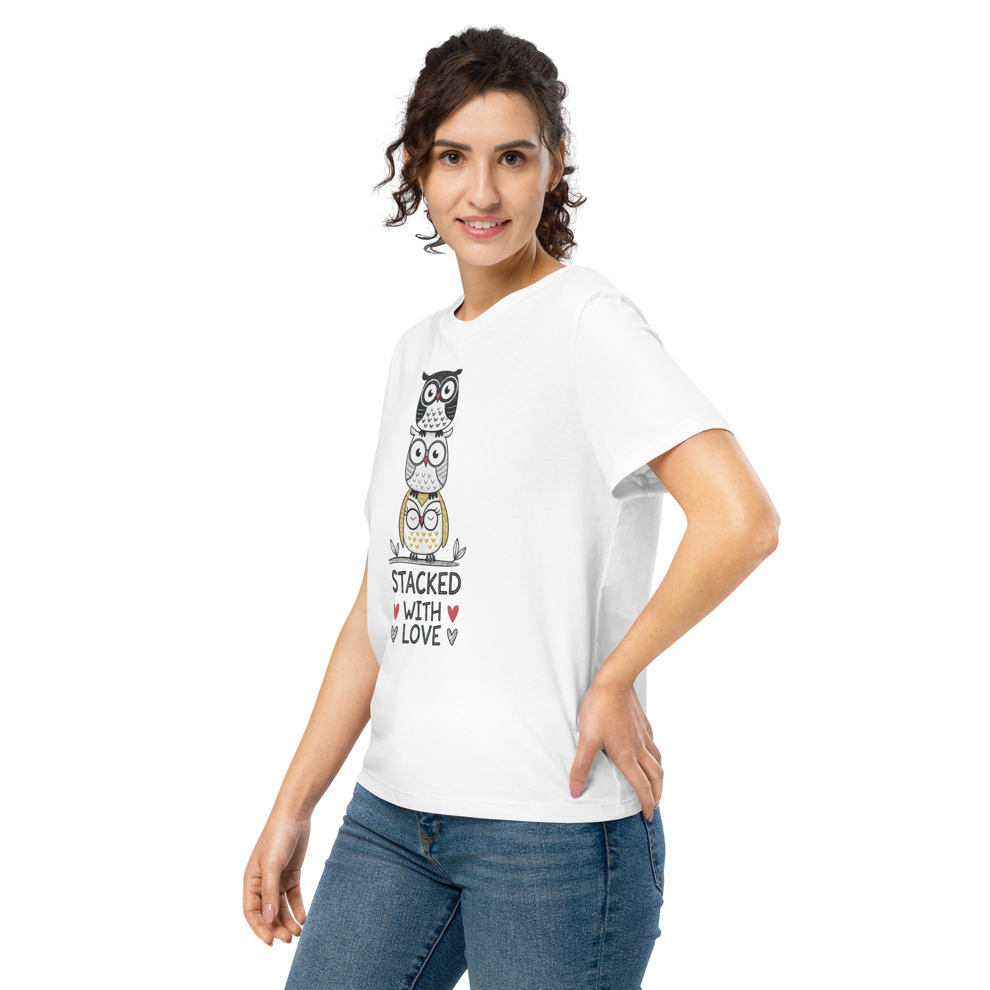 Women’s Organic Ribbed Neck T-Shirt: Stacked with Love | Owl-Themed Sustainable Fashion USA by Dudeily Dudeily
