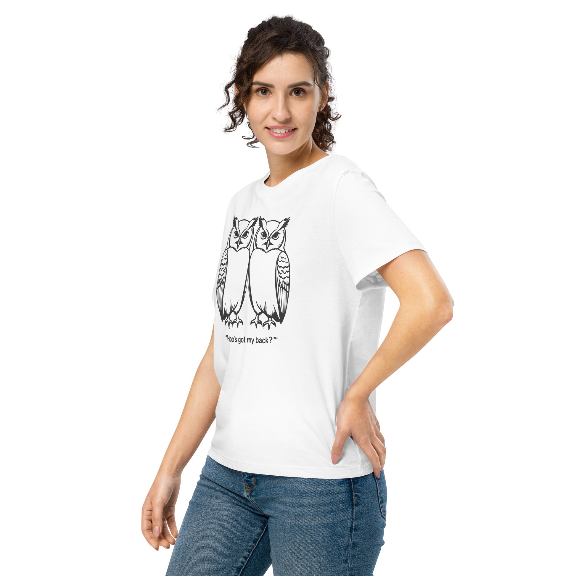 Women’s Organic Ribbed Neck T-Shirt: Hoo’s Got My Back? | Owl-Themed Sustainable Fashion USA by Dudeily Dudeily