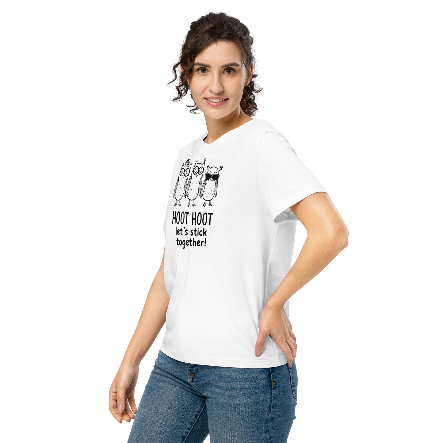 Women’s Organic Ribbed Neck T-Shirt: Hoot Hoot Let’s Stick Together! | Owl-Themed Sustainable Fashion USA by Dudeily Dudeily