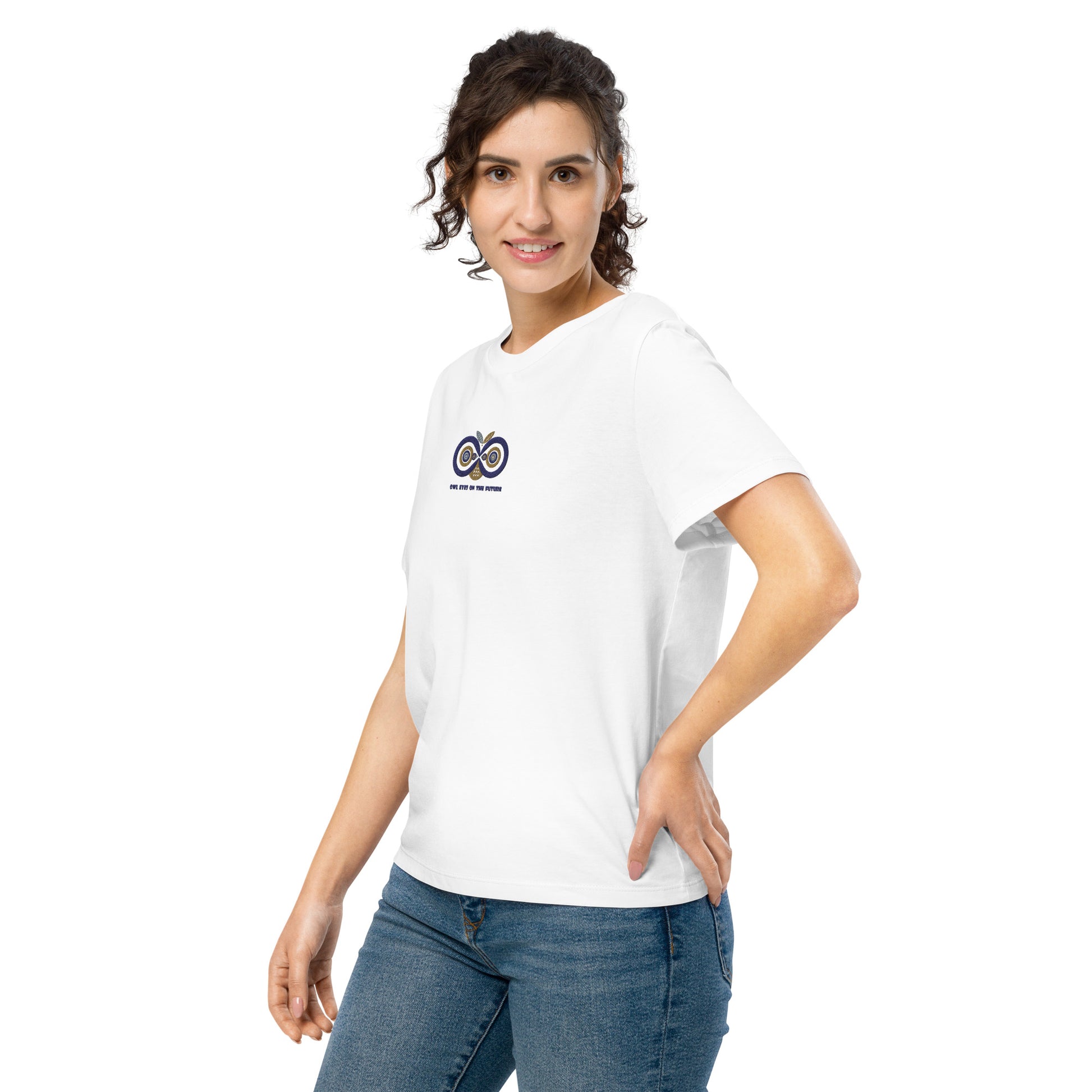 Embroidered Women’s Organic Ribbed Neck T-Shirt – Owl Eyes on the Future | Owl-Themed Sustainable Fashion USA Dudeily